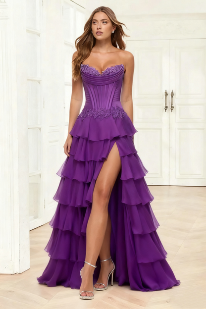 Dressime A Line Sweetheart Corset Ruffled Tiered Long Prom Dress With Appliques