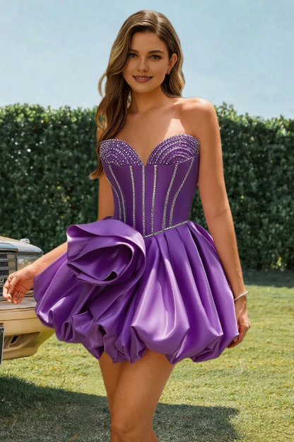 Dressime A Line Sweetheart Satin Rhinestones Bubble Mini Homecoming Dress