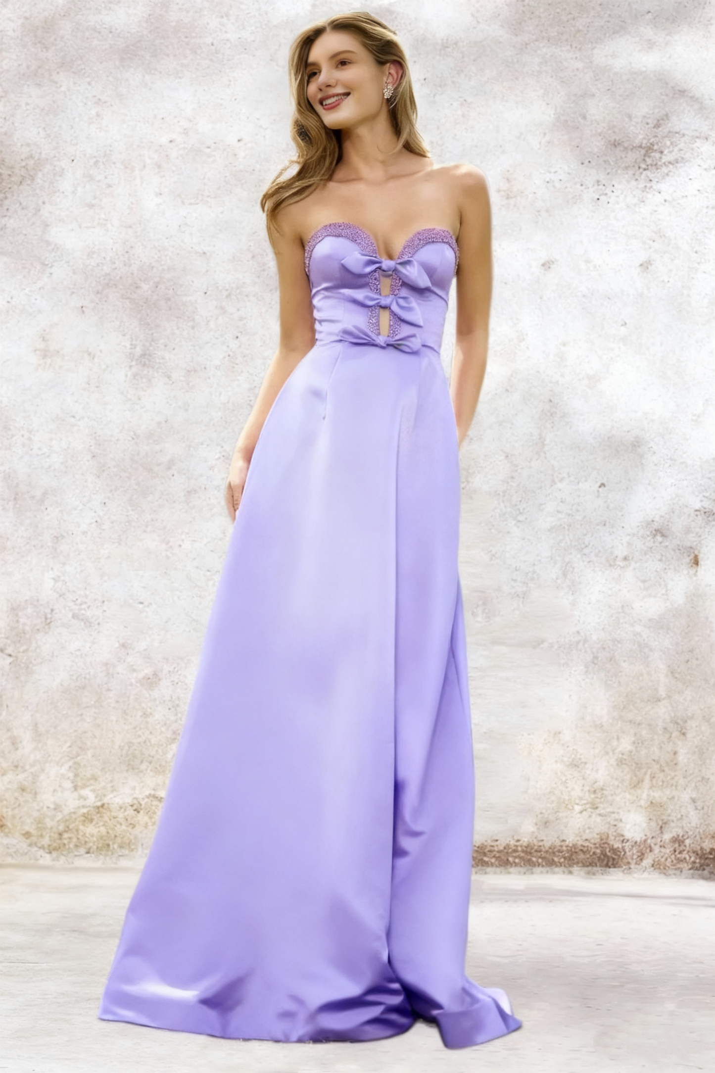 Dressime A Line Sweetheart Satin Slit Beaded Prom Dress With Bow