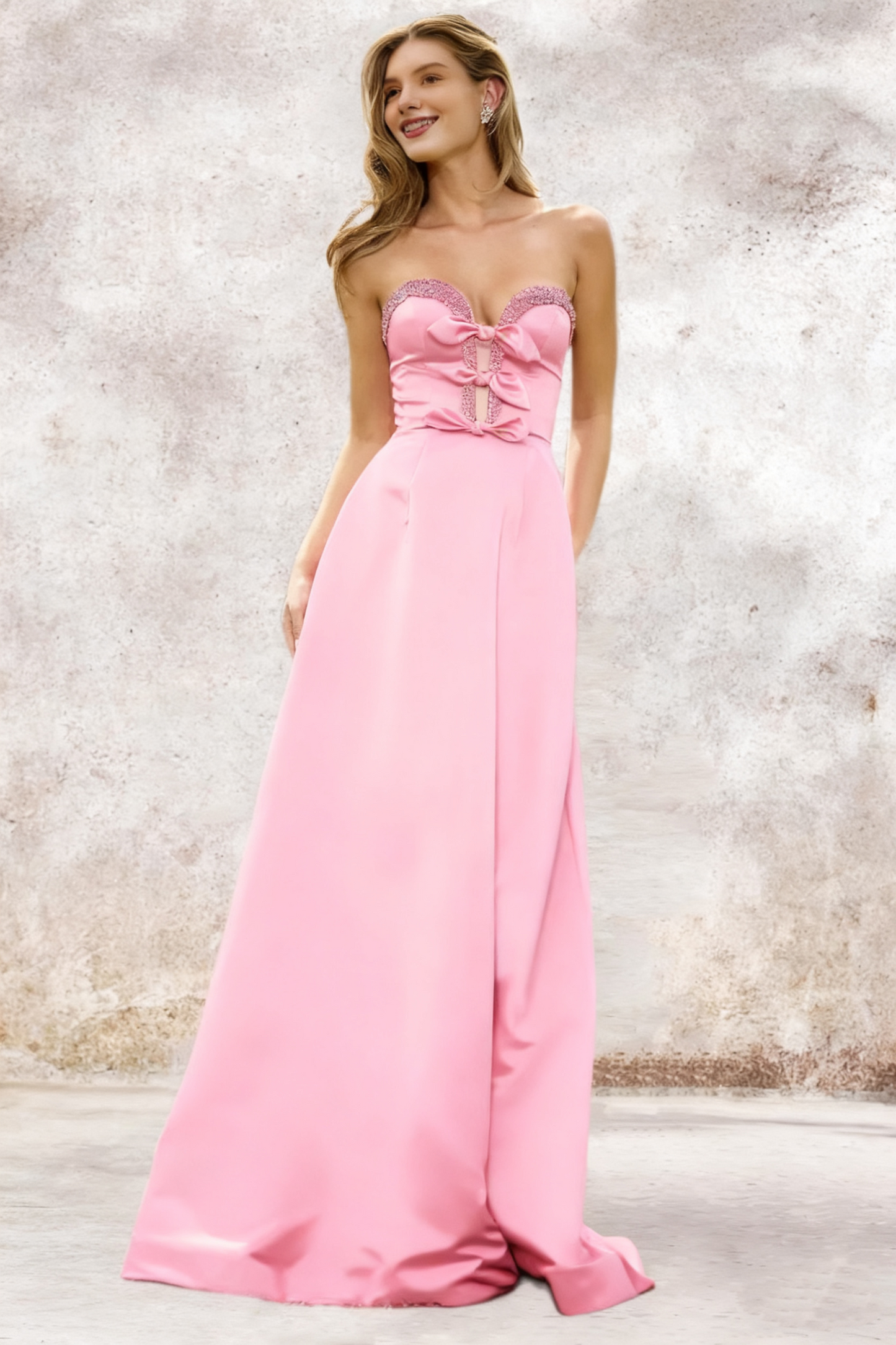Dressime A Line Sweetheart Satin Slit Beaded Prom Dress With Bow
