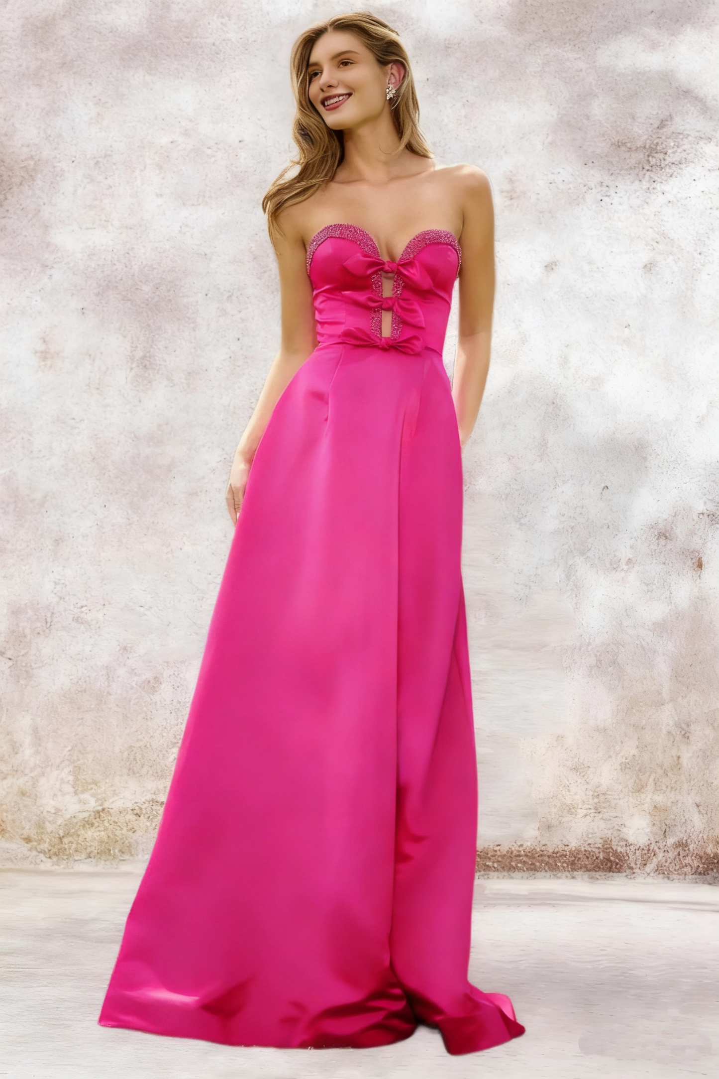 Dressime A Line Sweetheart Satin Slit Beaded Prom Dress With Bow