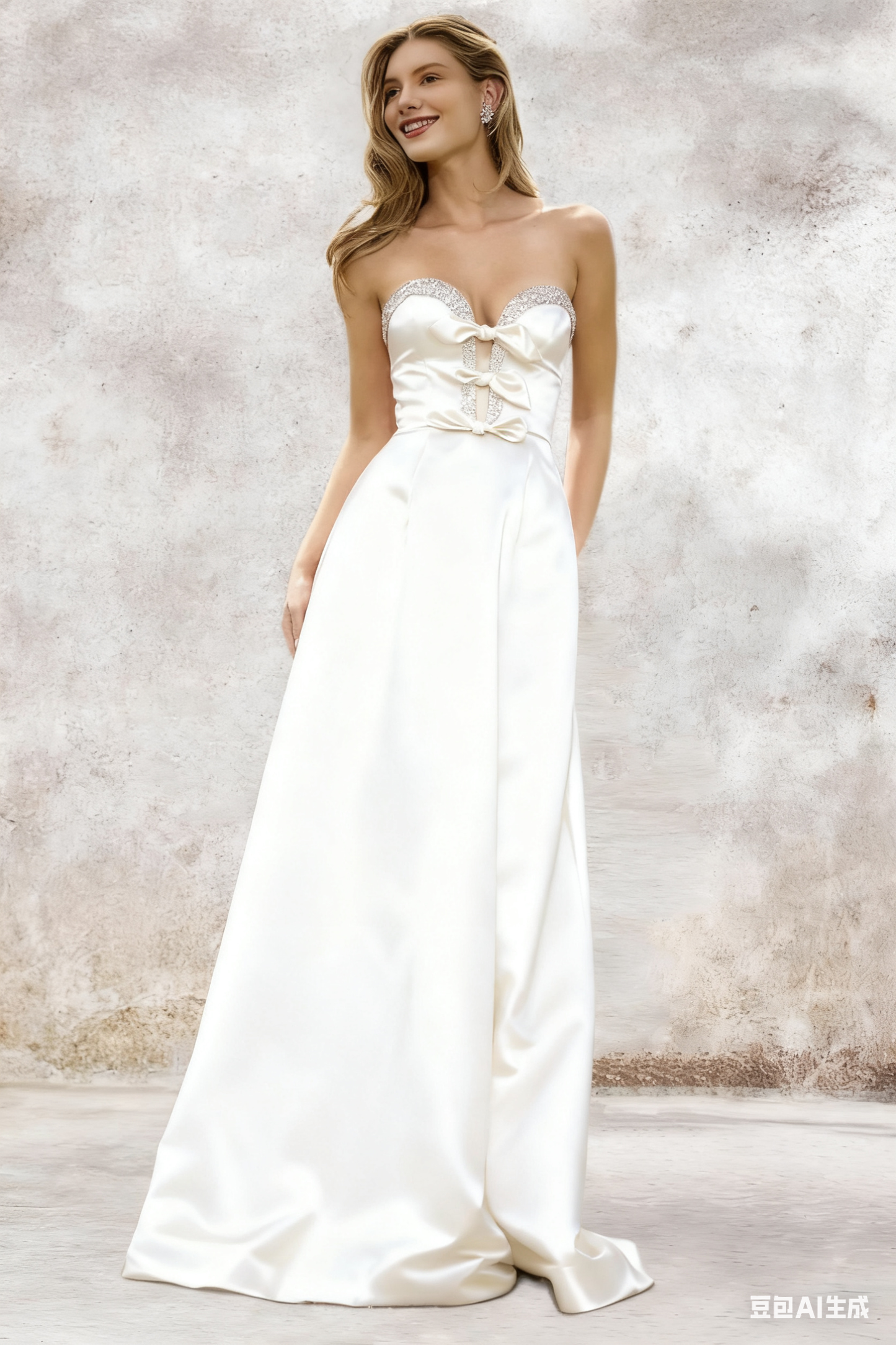 Dressime A Line Sweetheart Satin Slit Beaded Prom Dress With Bow