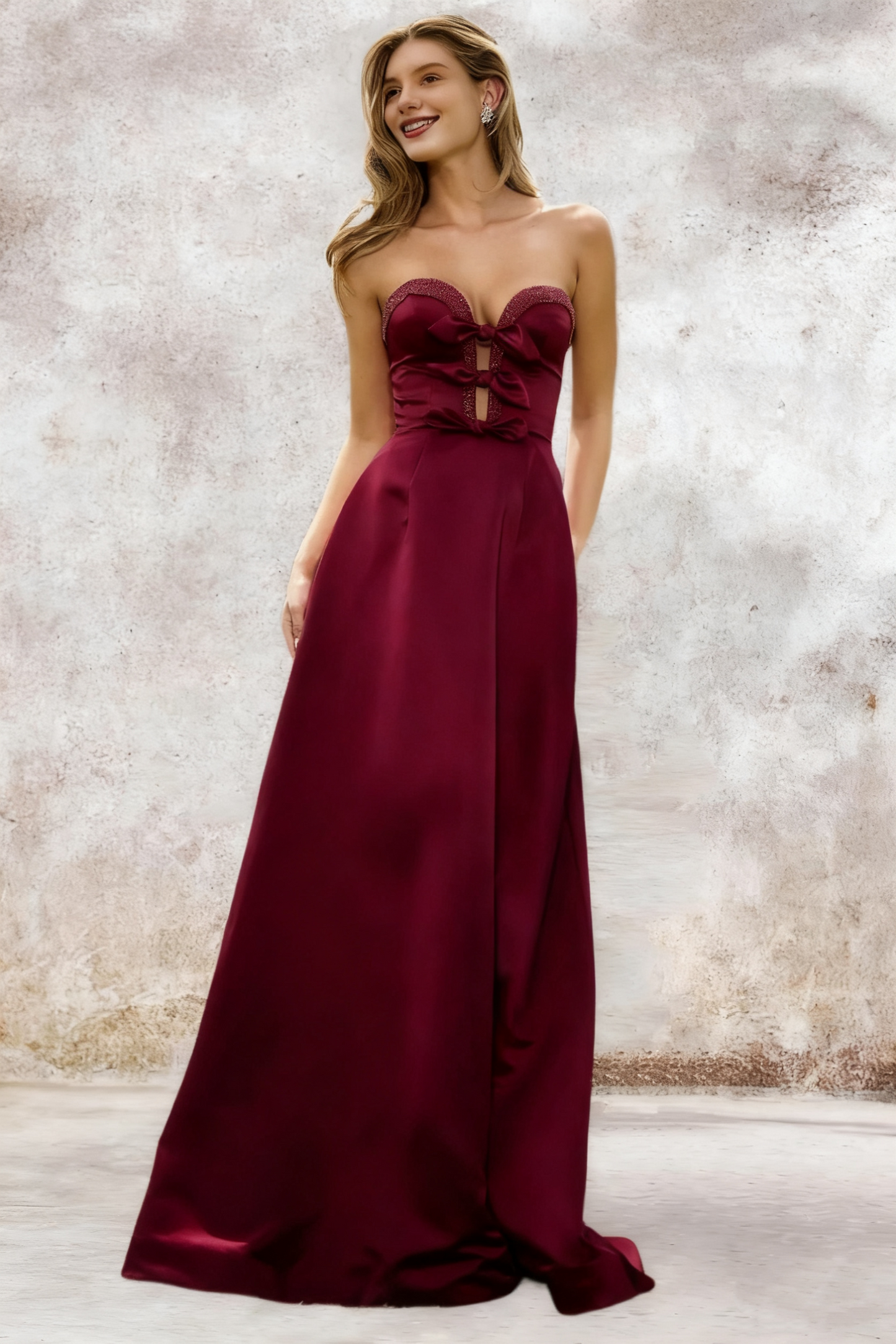 Dressime A Line Sweetheart Satin Slit Beaded Prom Dress With Bow