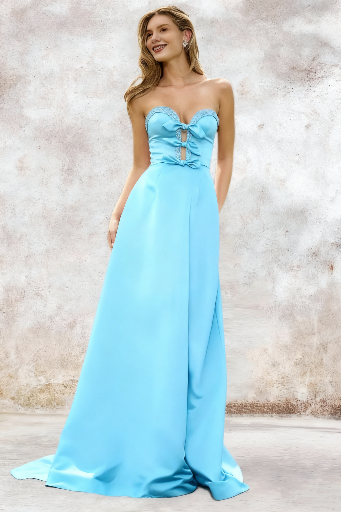 Dressime A Line Sweetheart Satin Slit Beaded Prom Dress With Bow
