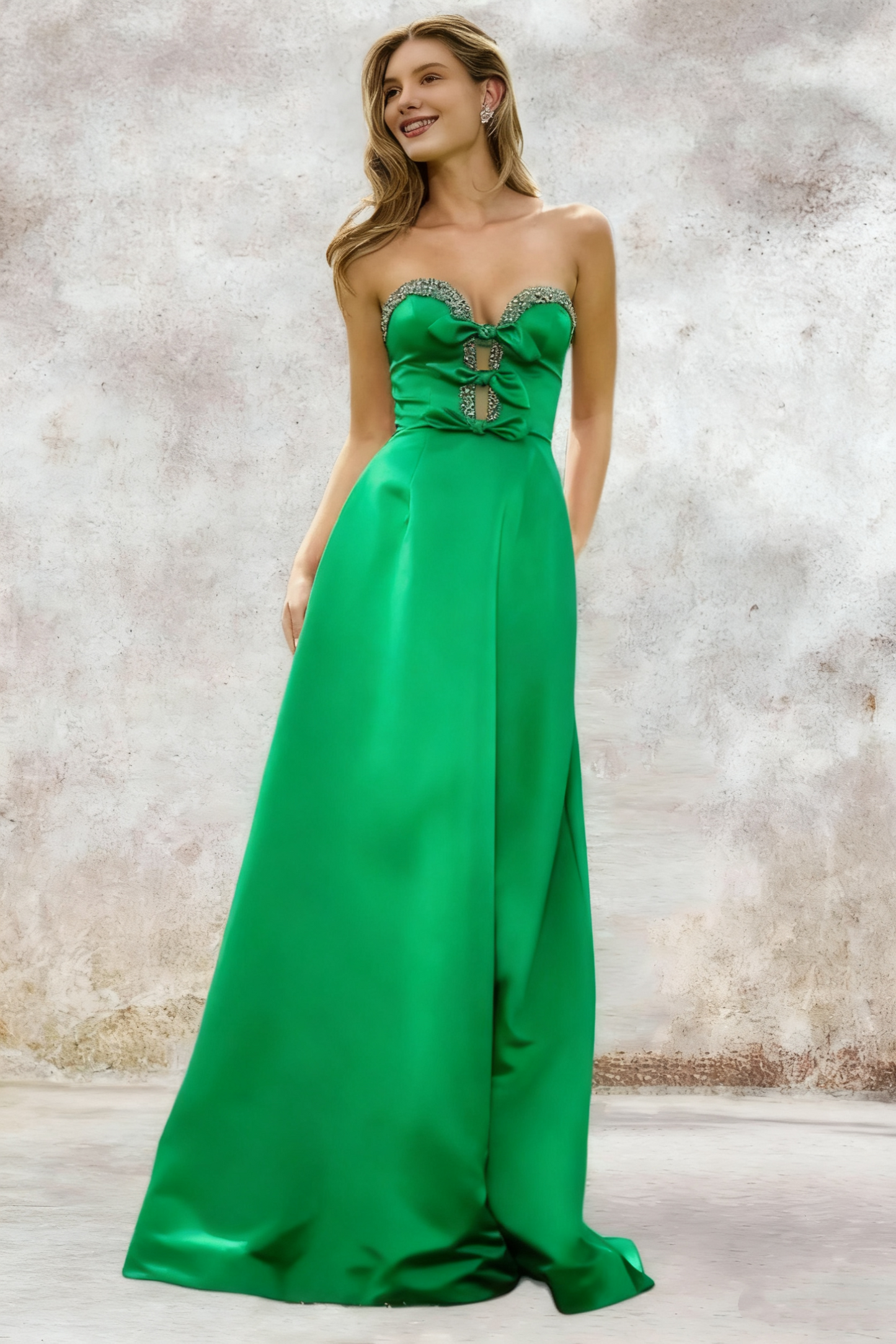 Dressime A Line Sweetheart Satin Slit Beaded Prom Dress With Bow