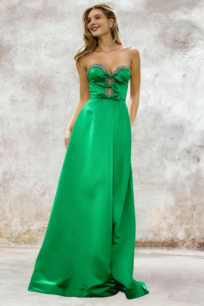 Dressime A Line Sweetheart Satin Slit Beaded Prom Dress With Bow