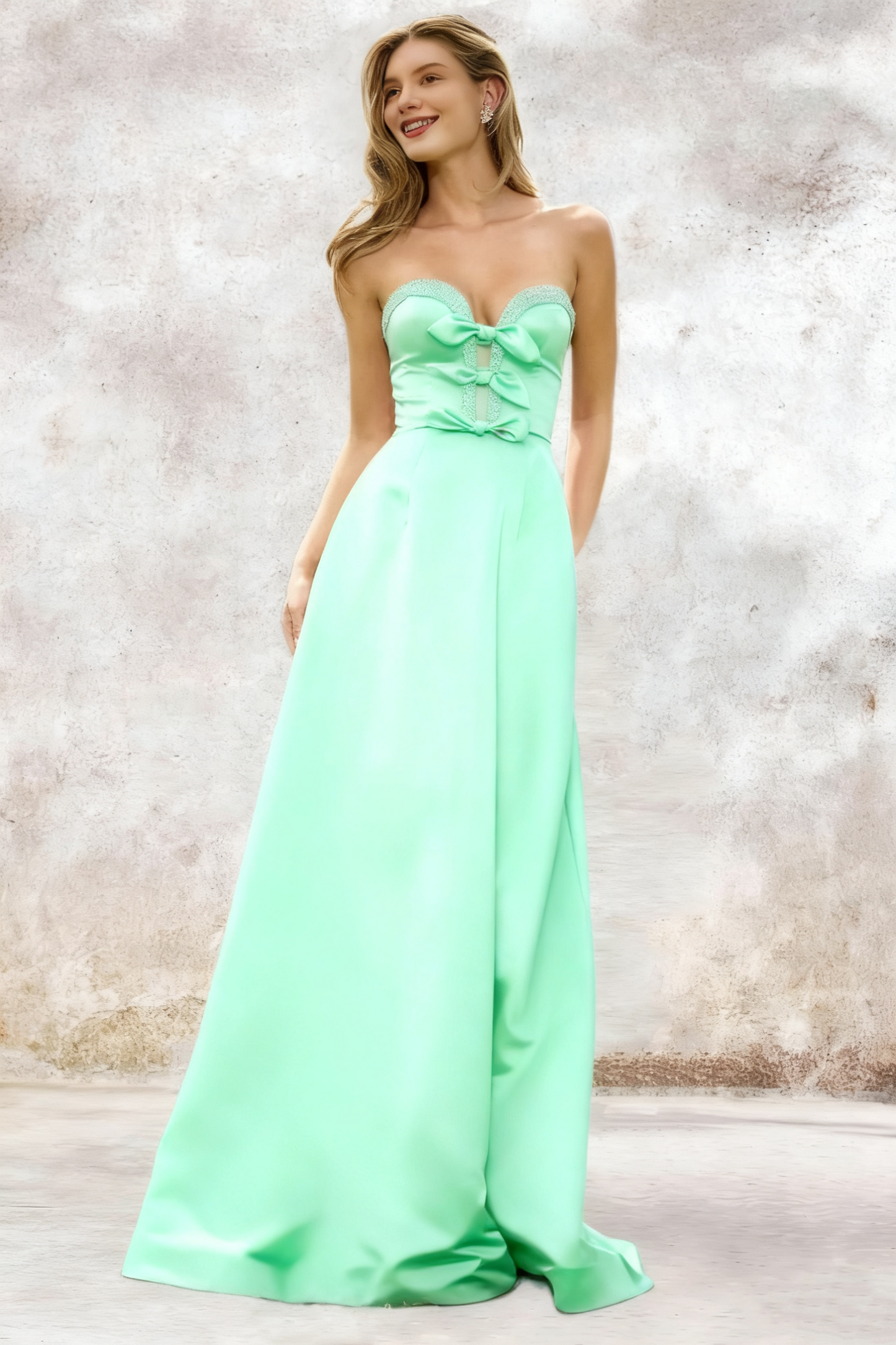 Dressime A Line Sweetheart Satin Slit Beaded Prom Dress With Bow