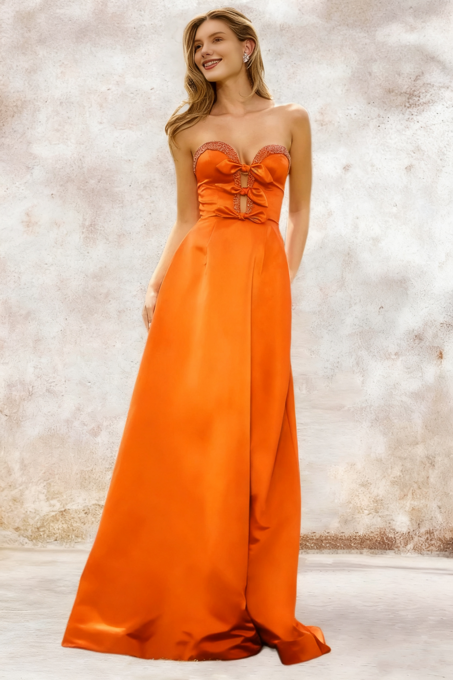 Dressime A Line Sweetheart Satin Slit Beaded Prom Dress With Bow