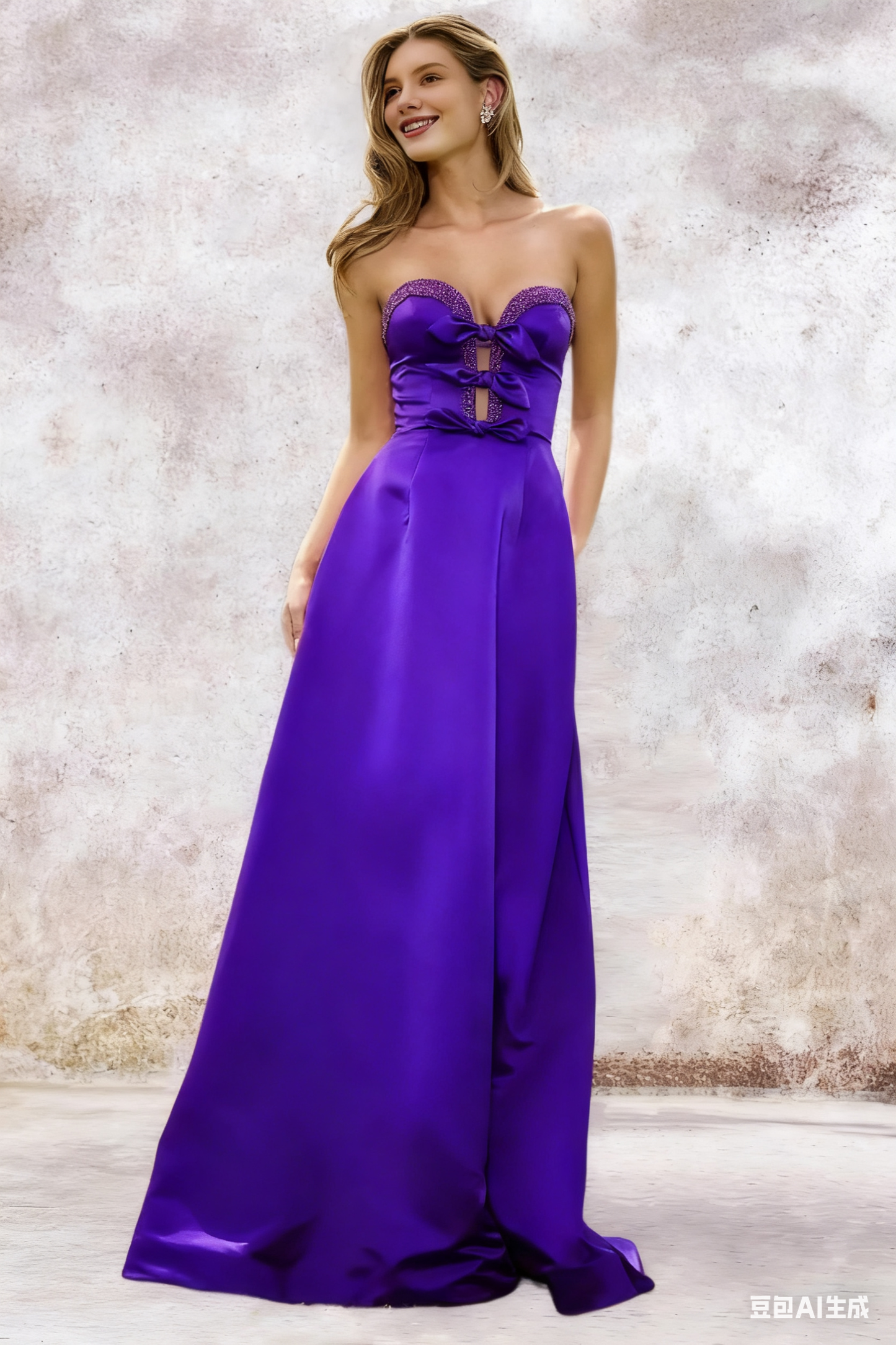 Dressime A Line Sweetheart Satin Slit Beaded Prom Dress With Bow