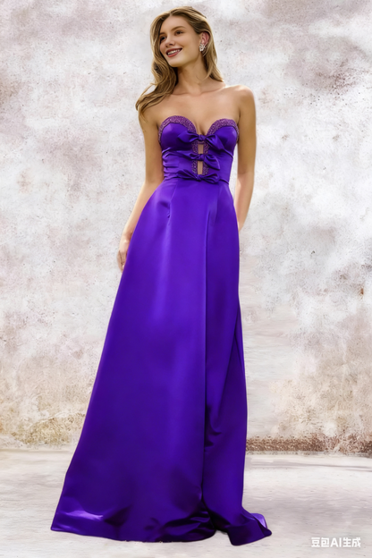 Dressime A Line Sweetheart Satin Slit Beaded Prom Dress With Bow