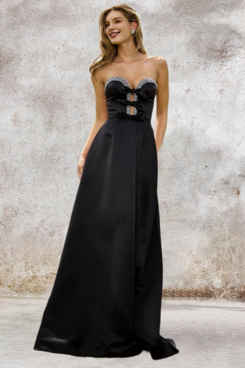 Dressime A Line Sweetheart Satin Slit Beaded Prom Dress With Bow