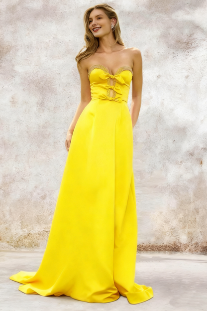 Dressime A Line Sweetheart Satin Slit Beaded Prom Dress With Bow