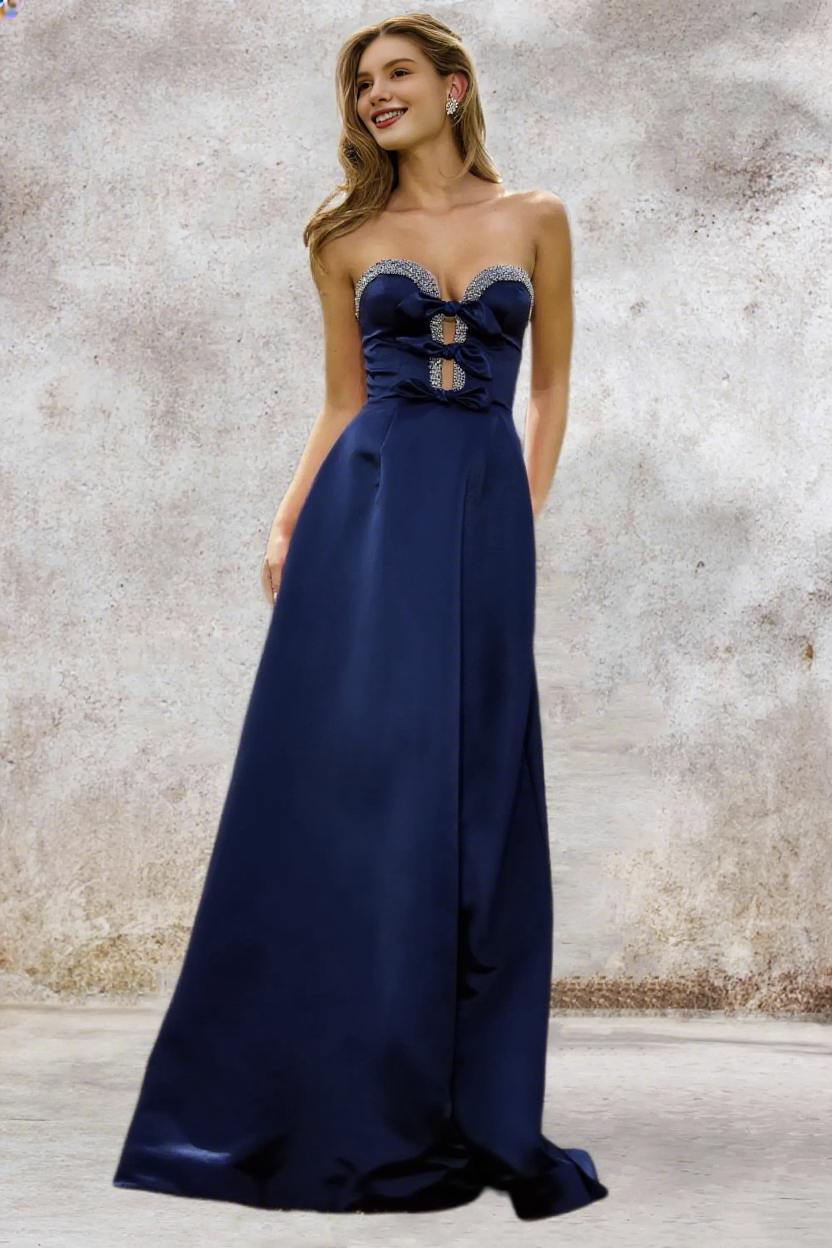 Dressime A Line Sweetheart Satin Slit Beaded Prom Dress With Bow
