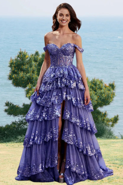 Dressime A Line Sweetheart Sequin Embroidery Tiered Long Prom Dress with Slit