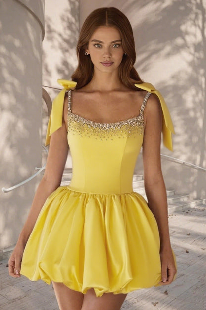 Dressime A Line Tie Bow Straps Satin Beaded Short/Mini Homecoming Dress