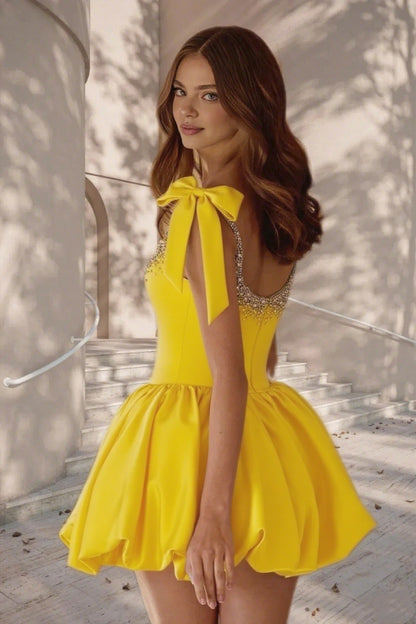 Dressime A Line Tie Bow Straps Satin Beaded Short/Mini Homecoming Dress