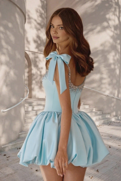 Dressime A Line Tie Bow Straps Satin Beaded Short/Mini Homecoming Dress