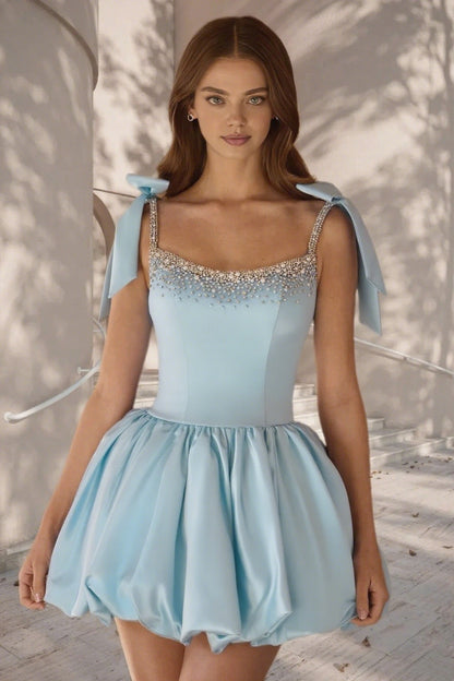 Dressime A Line Tie Bow Straps Satin Beaded Short/Mini Homecoming Dress
