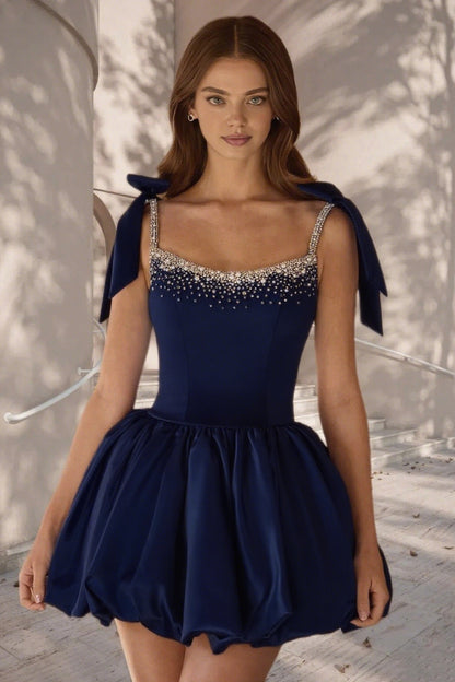 Dressime A Line Tie Bow Straps Satin Beaded Short/Mini Homecoming Dress