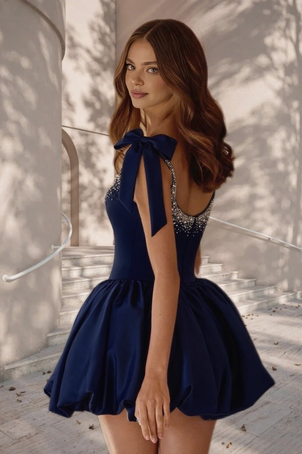 Dressime A Line Tie Bow Straps Satin Beaded Short/Mini Homecoming Dress