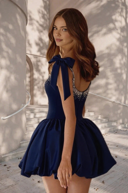 Dressime A Line Tie Bow Straps Satin Beaded Short/Mini Homecoming Dress