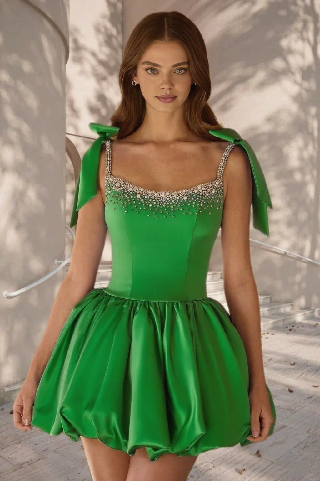 Dressime A Line Tie Bow Straps Satin Beaded Short/Mini Homecoming Dress