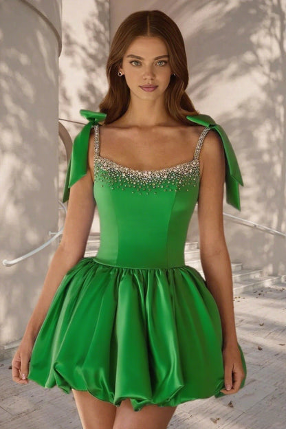 Dressime A Line Tie Bow Straps Satin Beaded Short/Mini Homecoming Dress
