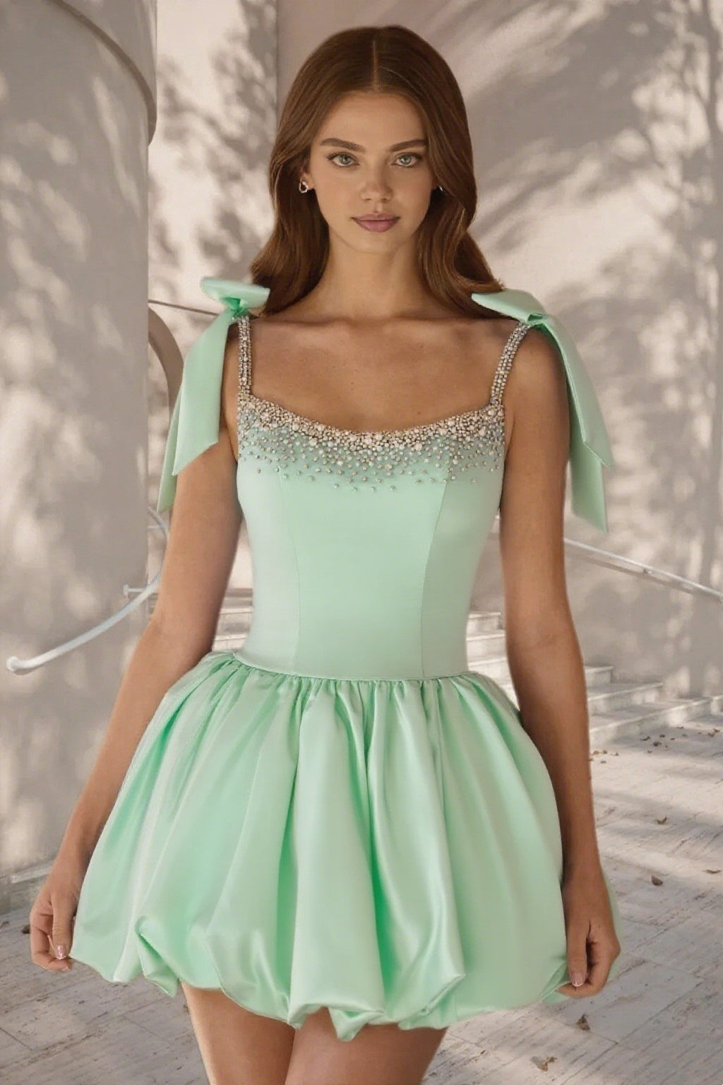 Dressime A Line Tie Bow Straps Satin Beaded Short/Mini Homecoming Dress