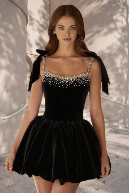 Dressime A Line Tie Bow Straps Satin Beaded Short/Mini Homecoming Dress