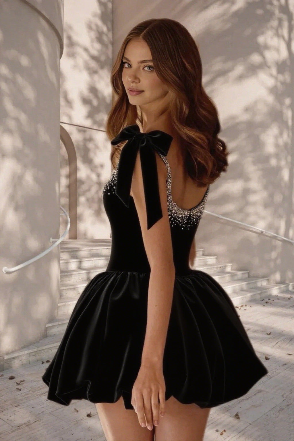 Dressime A Line Tie Bow Straps Satin Beaded Short/Mini Homecoming Dress