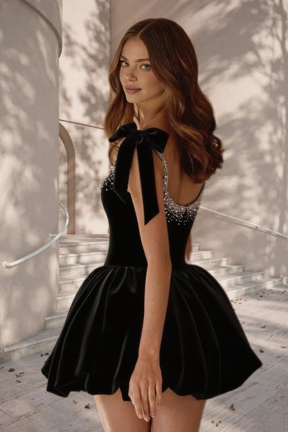 Dressime A Line Tie Bow Straps Satin Beaded Short/Mini Homecoming Dress