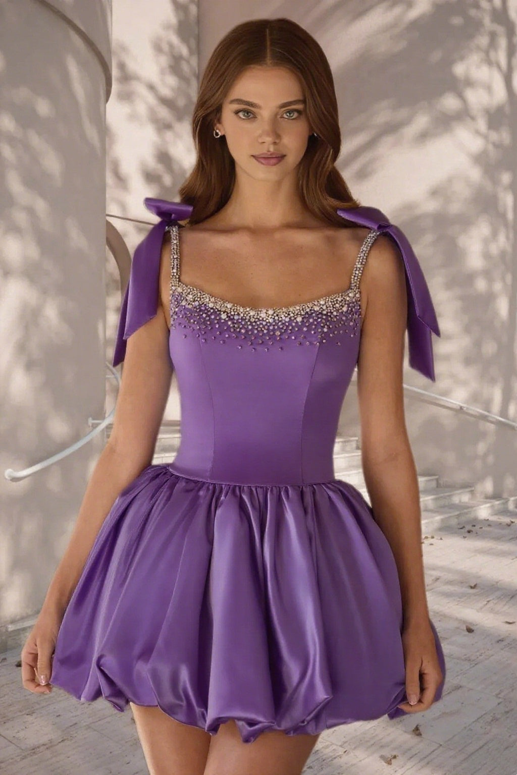 Dressime A Line Tie Bow Straps Satin Beaded Short/Mini Homecoming Dress