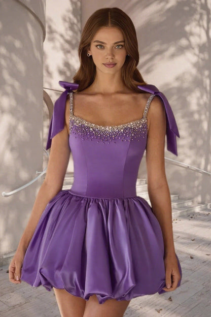 Dressime A Line Tie Bow Straps Satin Beaded Short/Mini Homecoming Dress