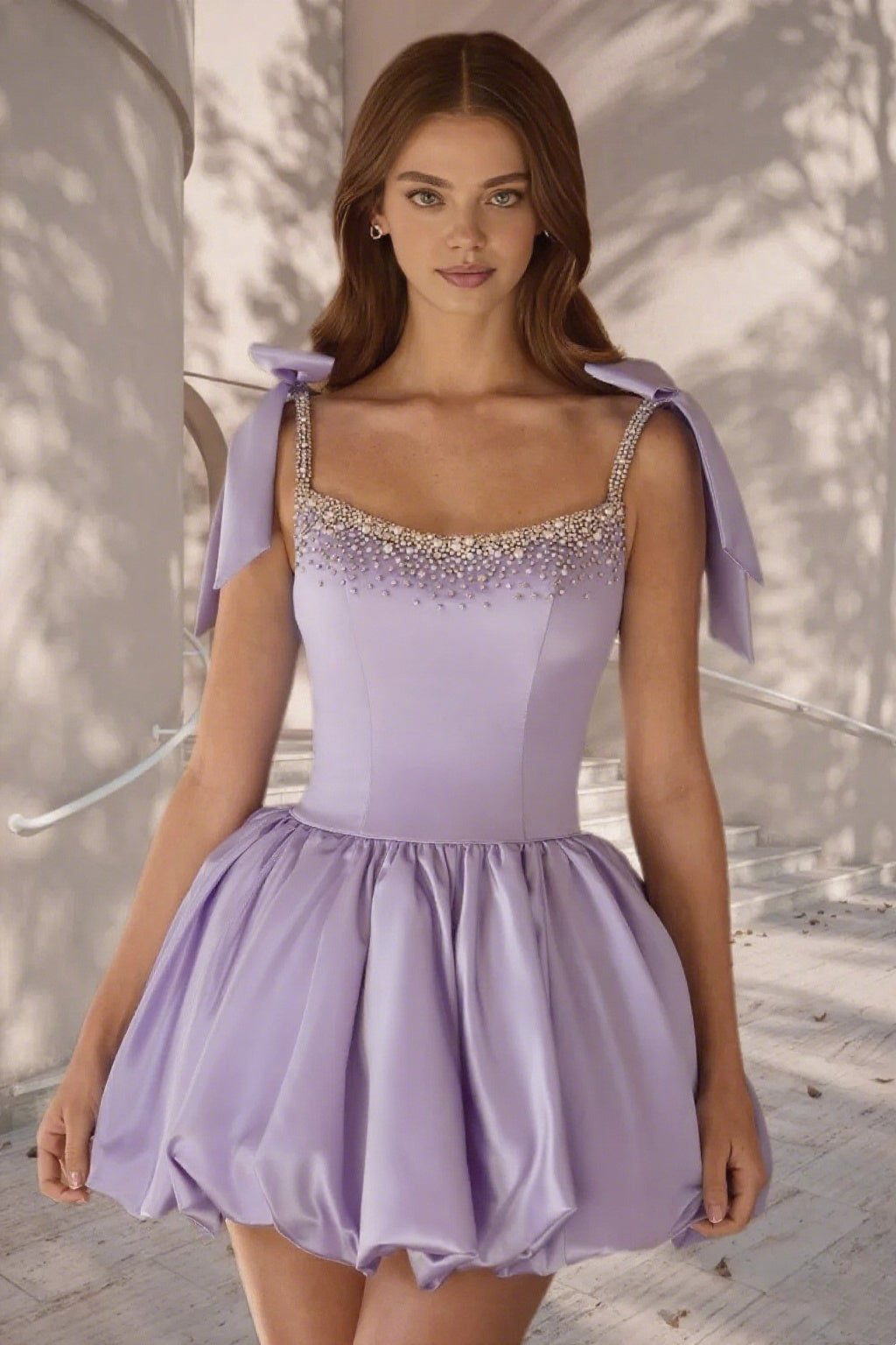 Dressime A Line Tie Bow Straps Satin Beaded Short/Mini Homecoming Dress