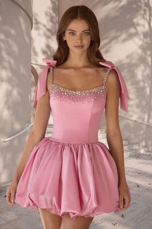 Dressime A Line Tie Bow Straps Satin Beaded Short/Mini Homecoming Dress