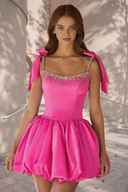 Dressime A Line Tie Bow Straps Satin Beaded Short/Mini Homecoming Dress