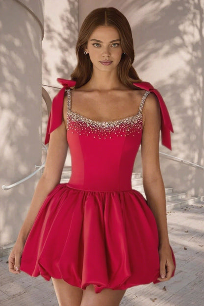 Dressime A Line Tie Bow Straps Satin Beaded Short/Mini Homecoming Dress