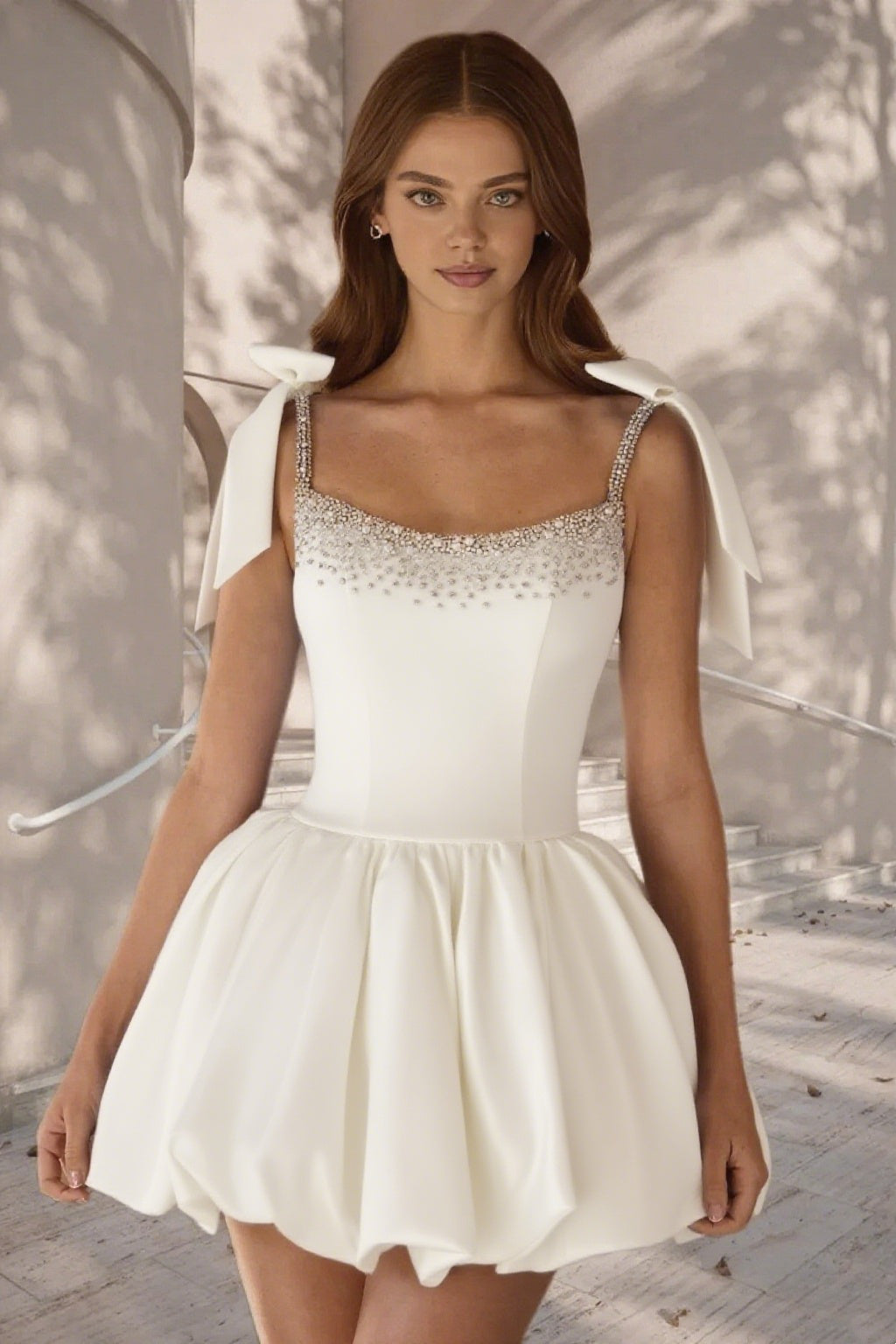 Dressime A Line Tie Bow Straps Satin Beaded Short/Mini Homecoming Dress