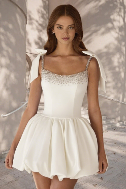 Dressime A Line Tie Bow Straps Satin Beaded Short/Mini Homecoming Dress