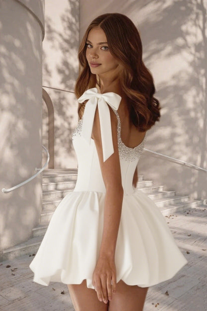 Dressime A Line Tie Bow Straps Satin Beaded Short/Mini Homecoming Dress