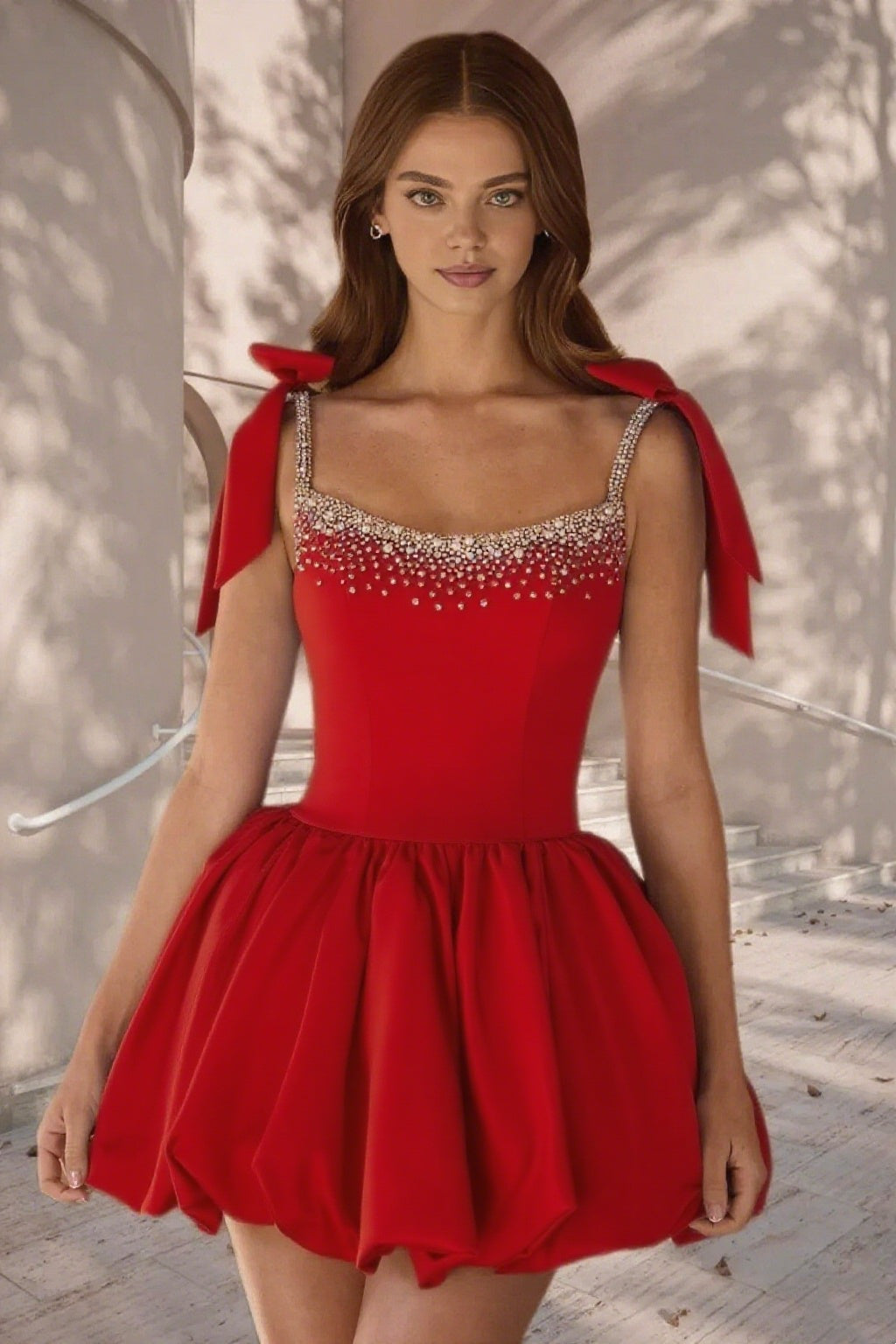 Dressime A Line Tie Bow Straps Satin Beaded Short/Mini Homecoming Dress
