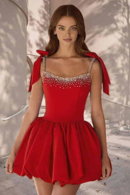 Dressime A Line Tie Bow Straps Satin Beaded Short/Mini Homecoming Dress