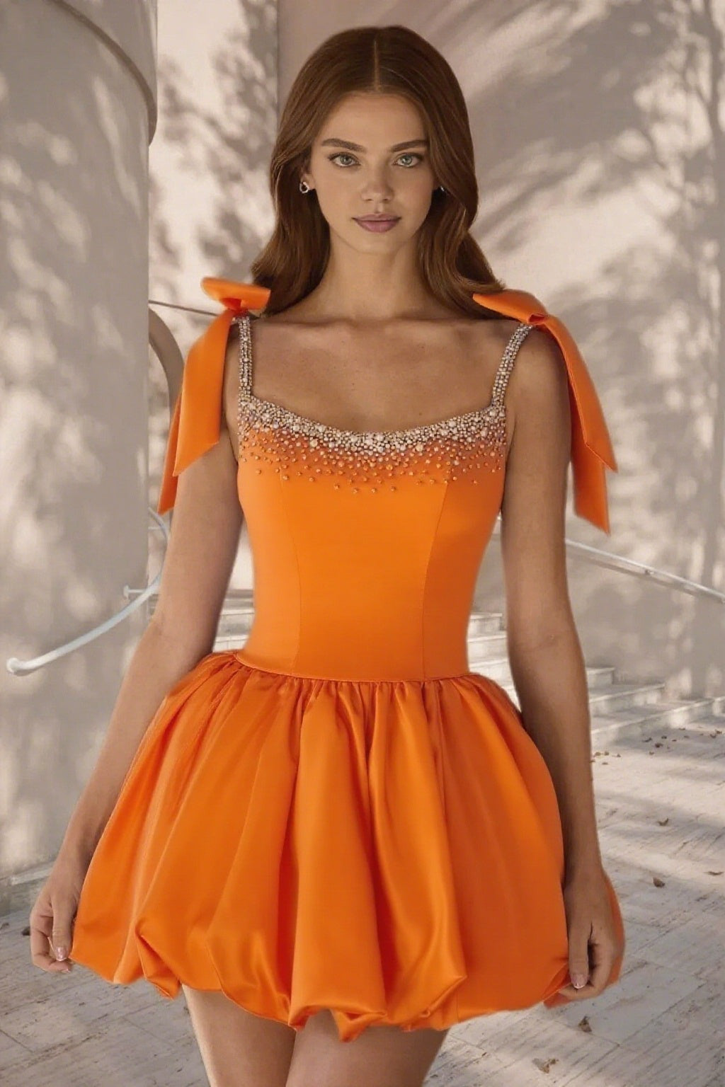 Dressime A Line Tie Bow Straps Satin Beaded Short/Mini Homecoming Dress