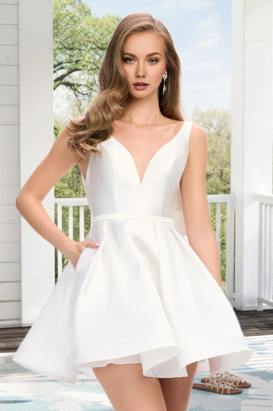 Dressime A Line V Neck Satin Corset Bow Mini Homecoming Dress