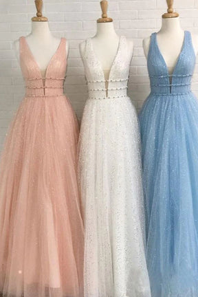Dressime A Line V Neck Tulle Long Beaded Prom Dress