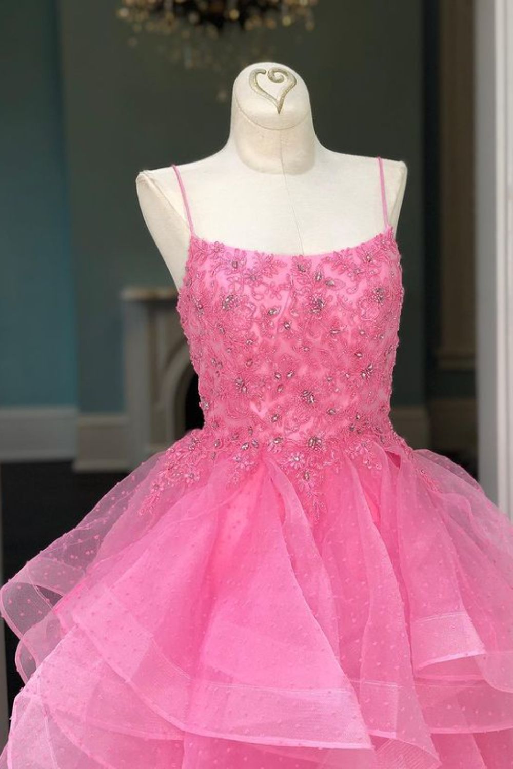 Dressime Asymmetrical A Line Spaghetti Straps Tulle Appliqes Ruffled Long Prom Dress with Beaded