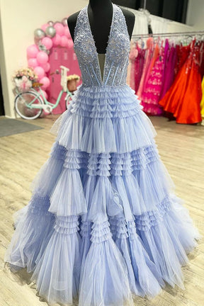 Dressime Ball Gown Halter Tulle Appliques  Slit Ruffle Tiered Long Prom Dress