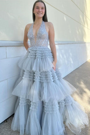 Dressime Ball Gown Halter Tulle Appliques  Slit Ruffle Tiered Long Prom Dress