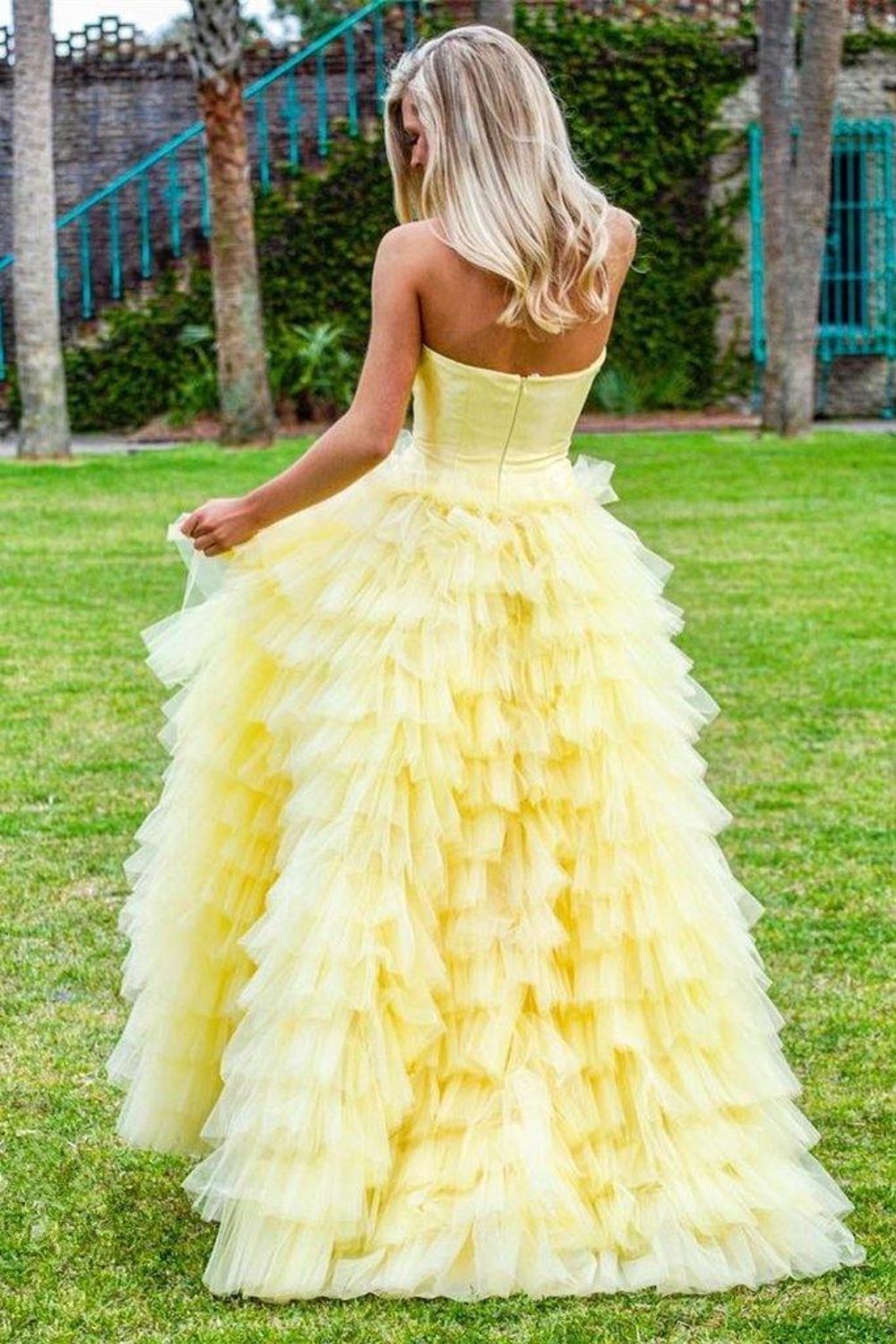 Dressime Ball Gown Strapless Satin Tulle Tiered Long Prom Dress