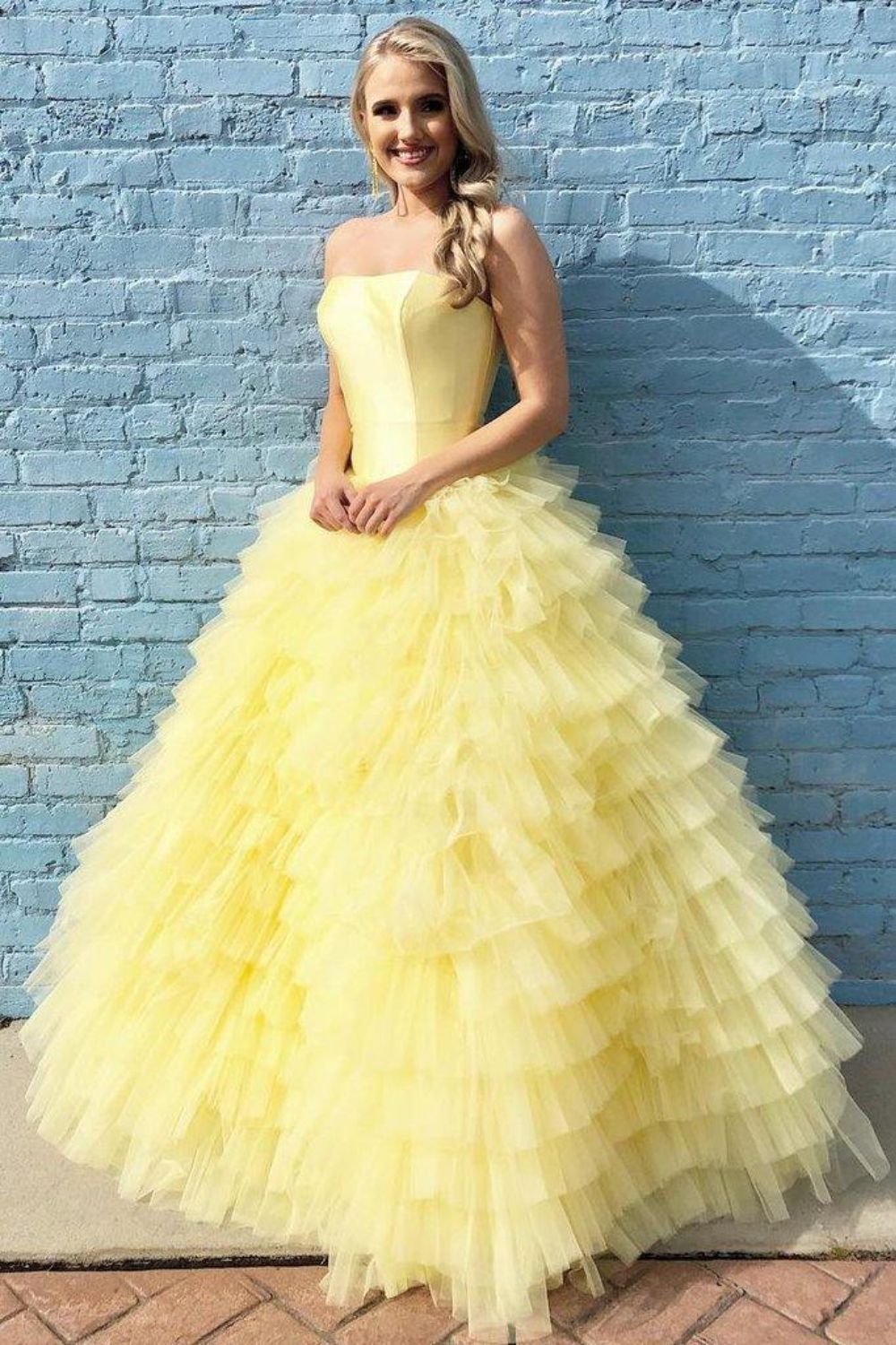 Dressime Ball Gown Strapless Satin Tulle Tiered Long Prom Dress